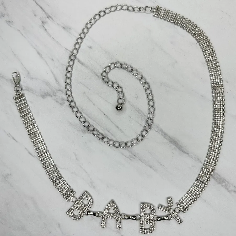 Rhinestone BABY Letter Chain Belt Silver Tone One Size (OS) Y2K Barbiecore ✨