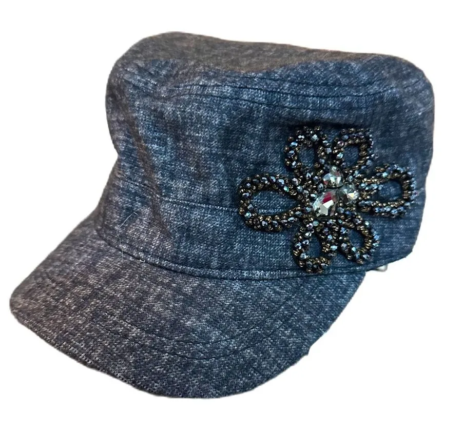 Women’s Cadet Flower Embellished Cap Beaded Military Hat Blue