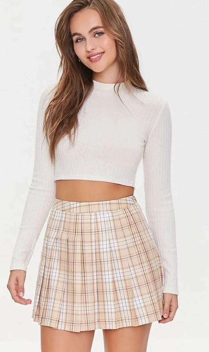 Plaid Pleated Mini Skirt Tan
