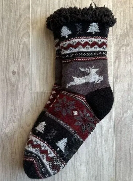 Muk Luks Cabin Socks Deer Grips Fuzzy Black