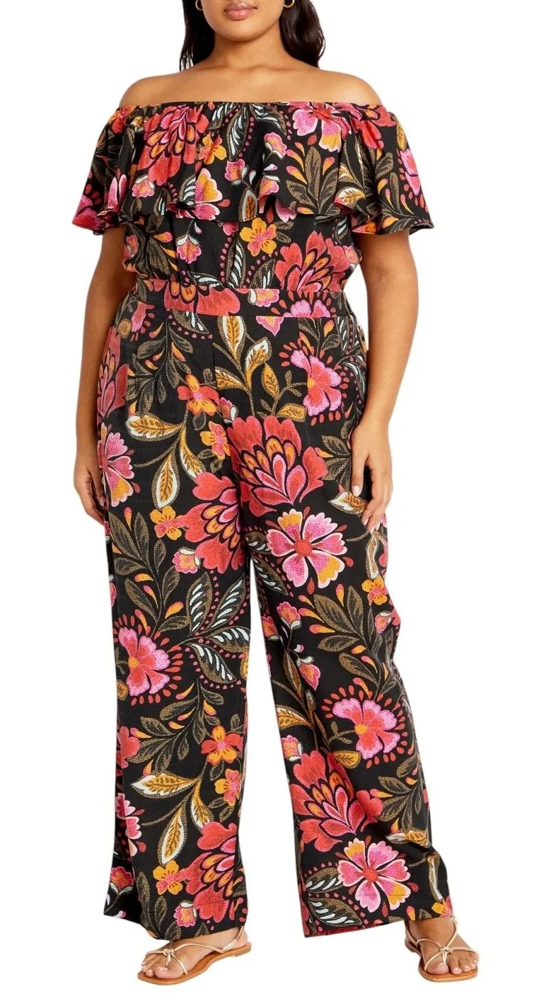 NWT City Chic Floral Print Off The Shoulder Jumpsuit Pink Black Orange Size 14
