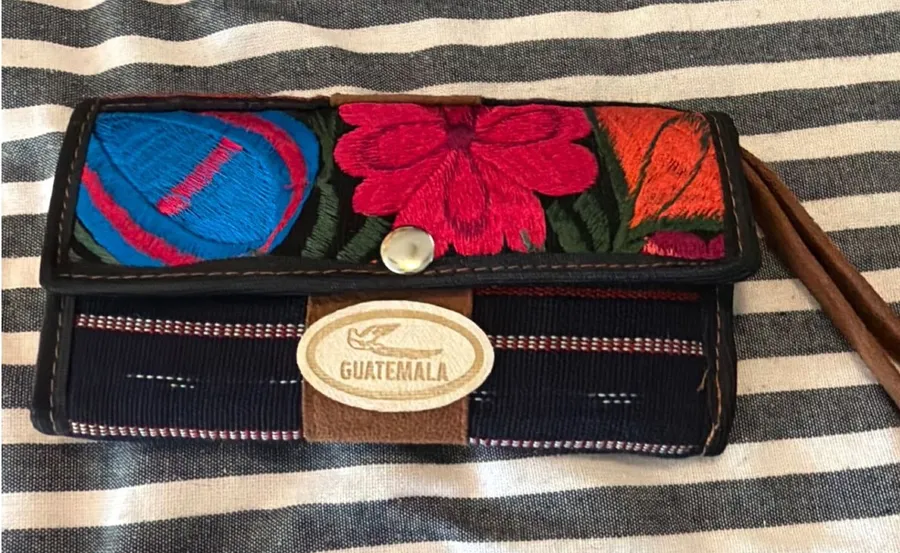 Guatemala Hand Embroidered Floral Woven Textile Wristlet Wallet Navy Blue Boho