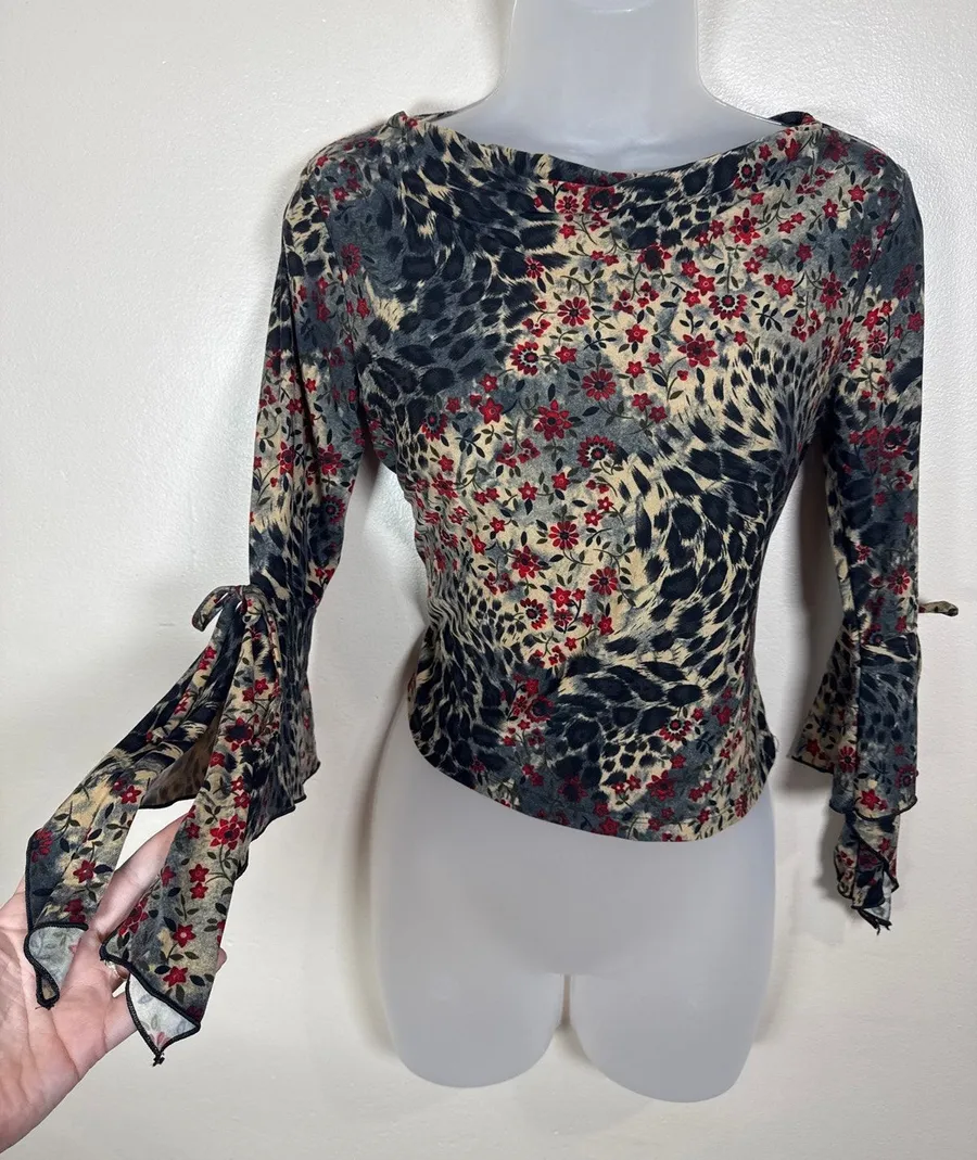 VTG Womens Top Whimsigoth Y2K Fairy Mesh Witchy Tie Flare Sleeve S