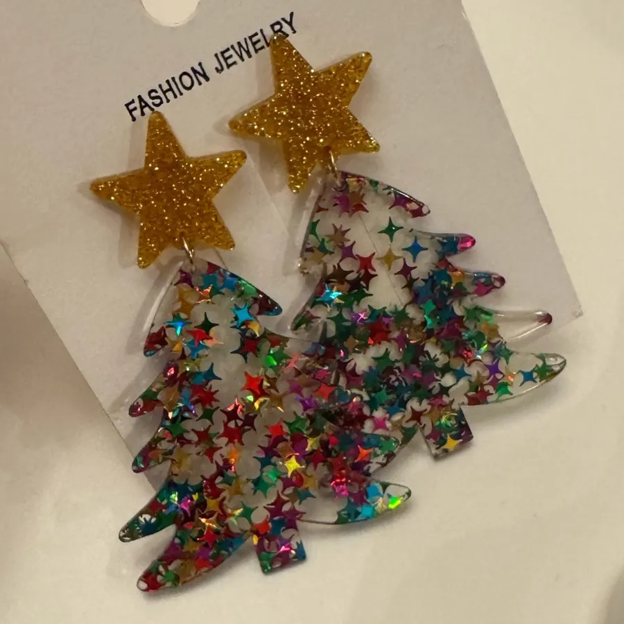 Festive Glitter Christmas Holiday Tree Dangle Earrings Gold