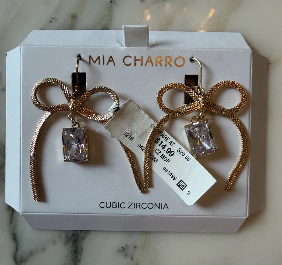 NWT Mia Charro Gold Bow Cubic Zirconia Drop Earrings Statement Dangle