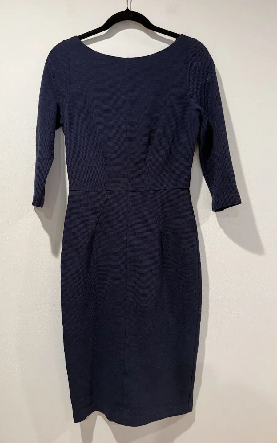 Boden Textured Midi Sheath Dress Womens 6 Navy 3/4 Sleeve Work Career Travel Blue