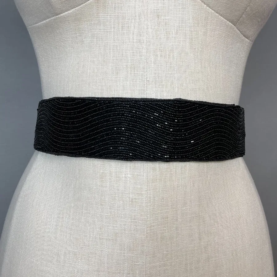 Deadstock Beaded Belt Vintage Women Black Structured Wide Hook and Loop Fancy