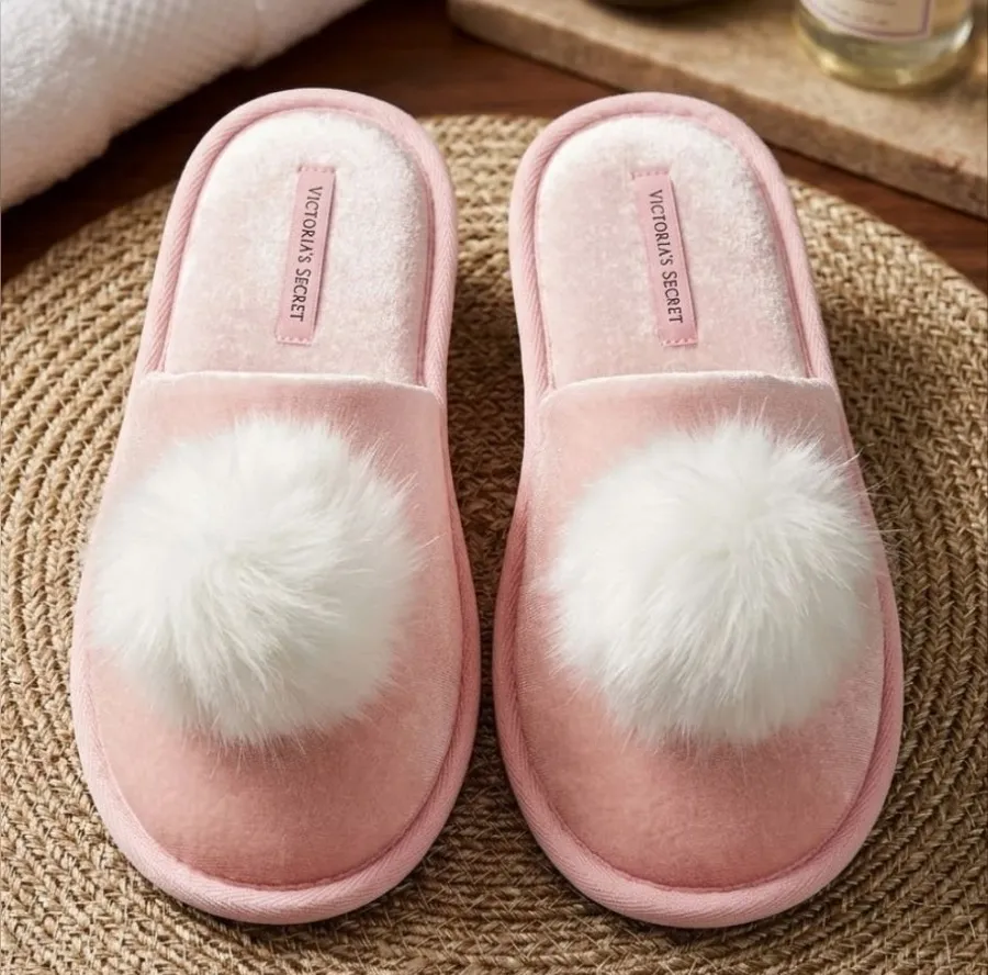 Victoria’s Secret Velvet Pom Pom Slippers - Pink - Size M (7-8) - NWT