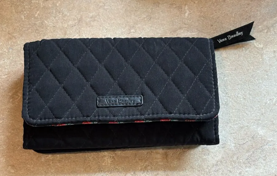 Vera Bradley Black Quilted Wallet Red Rose Floral Organizer Clutch Wallet