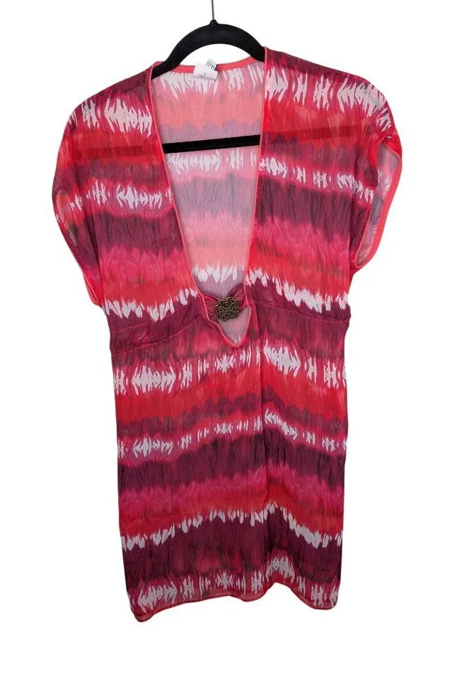 Becca By Rebecca Virtue Womens Tie-Dye Pink Red Sheer Swim Cover-Up XS-S