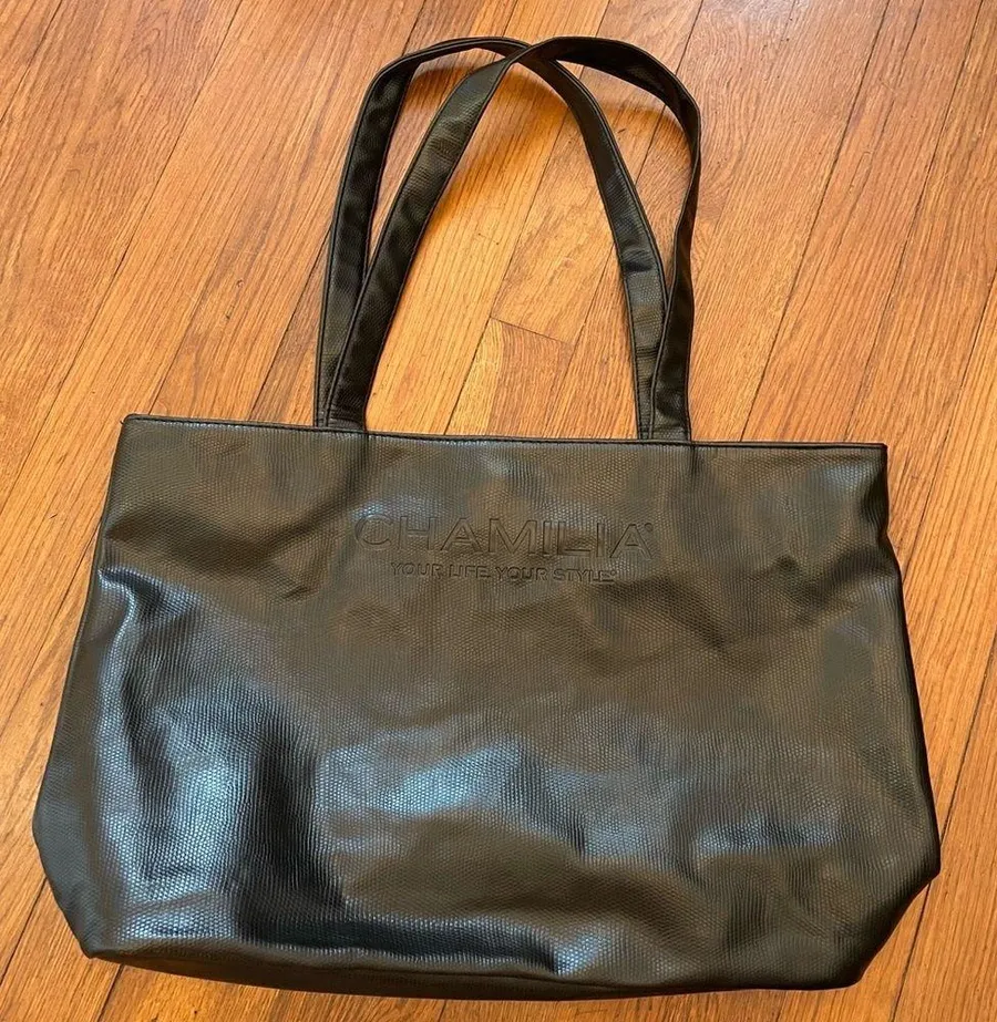Chamilia Black Faux Synthetic Leather with Lime Green Interior Large Tote Bag