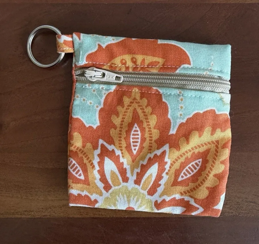 Handmade Light Blue Orange Floral Coin Pouch with Keychain Clip Zip Closure