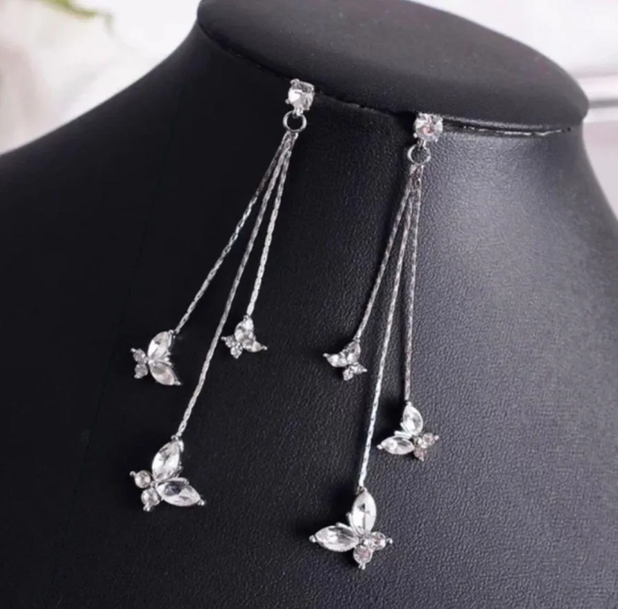 925 Silver Needle Crystal Butterfly Long Tassel Dangle Drop Earrings for Women