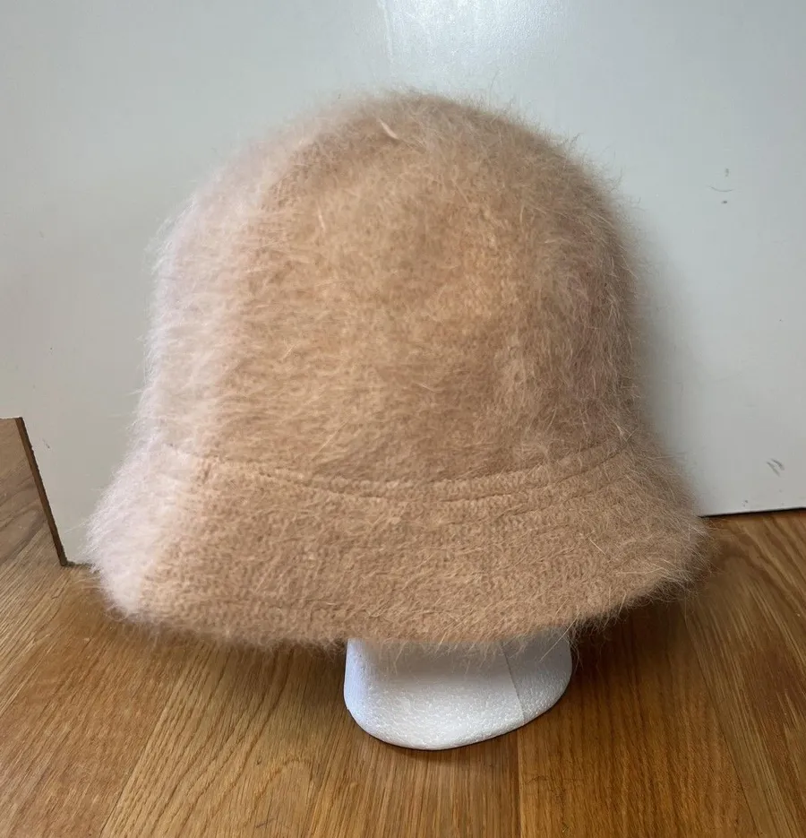 DNY Hat Cloche Fitted Womens One Size Beige Angora Fuzzy Bell Bucket Winter