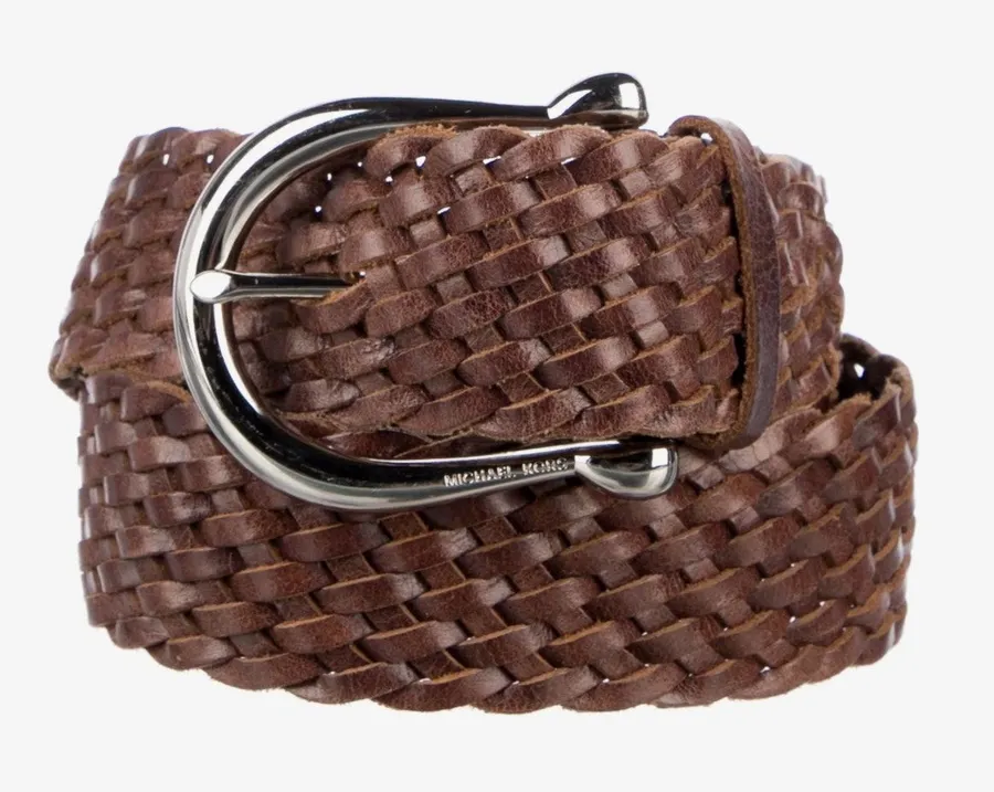 Michael Kors Woven Leather Belt Brown Wide Braided Horseshoe Buckle Small