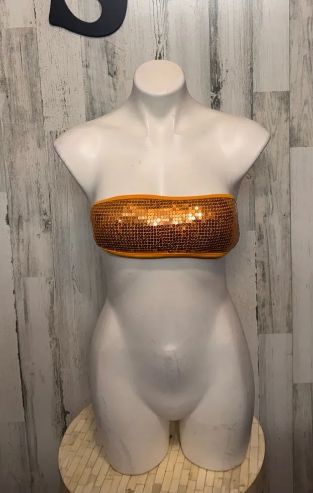 TopMelon Sequin Bandeau Bikini Top Womens Small Orange Gold Tube Swim Top