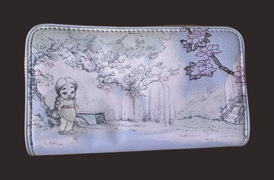 Disney Store Pale Blue Wallet Mulan & Cherry Blossom Art Zip Closure no strap
