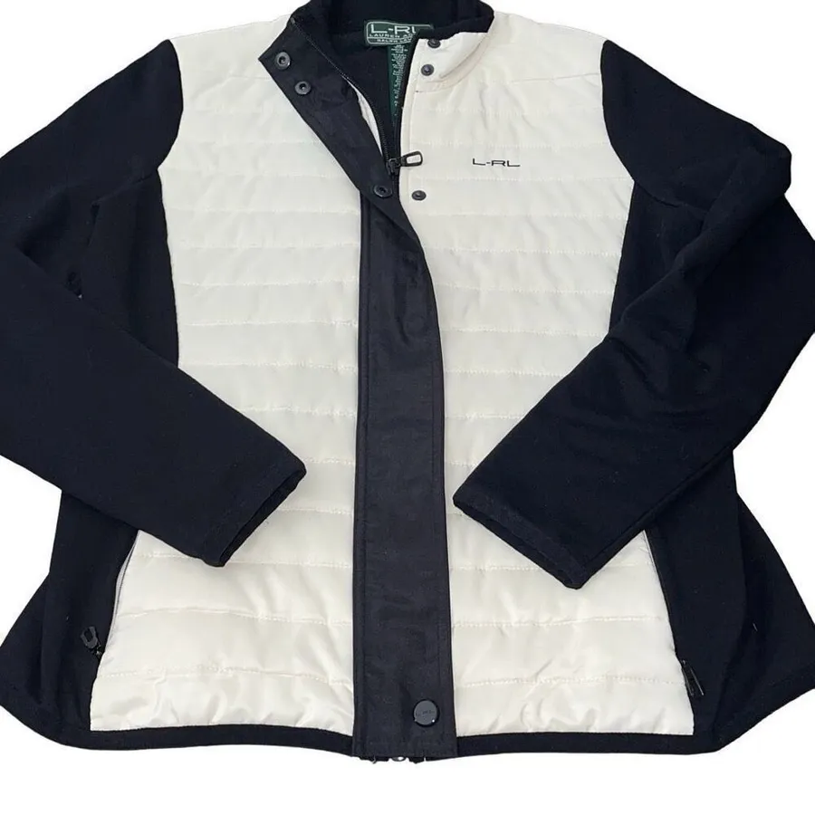 L-RL Ralph Lauren Active Womens Quilted Front Zip Up Jacket Black Cream Medium