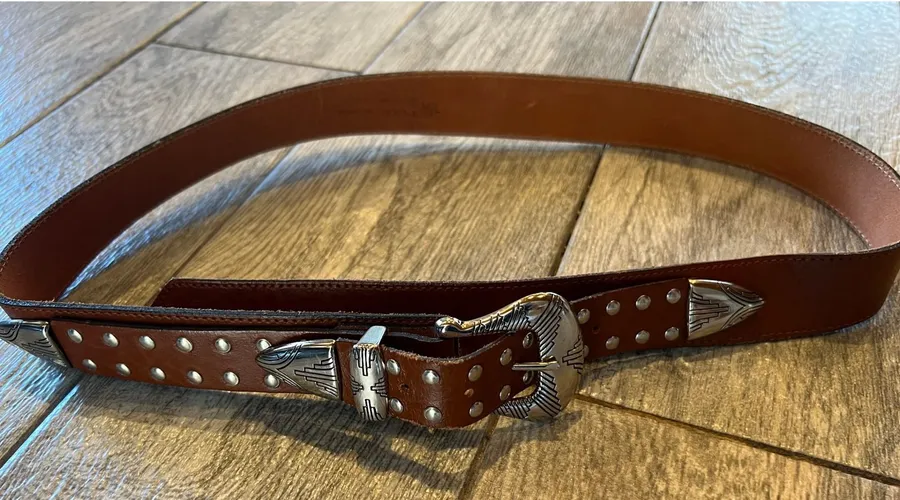Genuine Leather Western Studded Belt Medium Large Brown Engraved Buckle USA