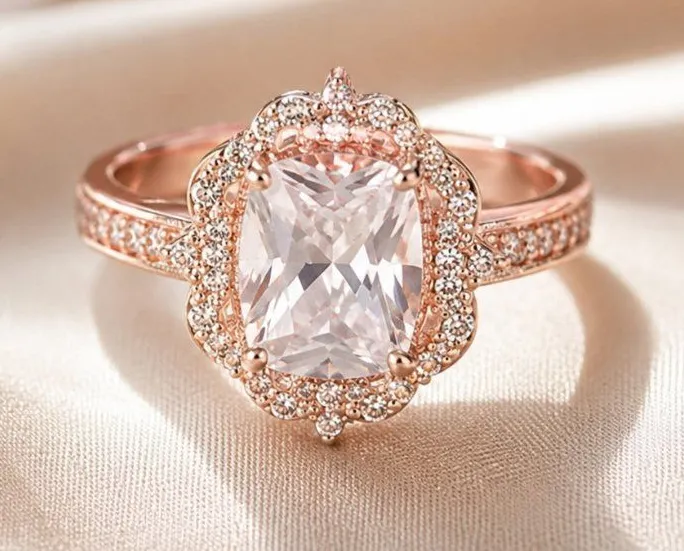 3CT Emerald Cut Halo Ring 14K Rose Gold Finish Simulated Diamond NWT Size 6