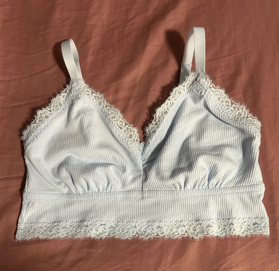 aerie Light Blue Lace-Trim Ribbed Bralette Size XL