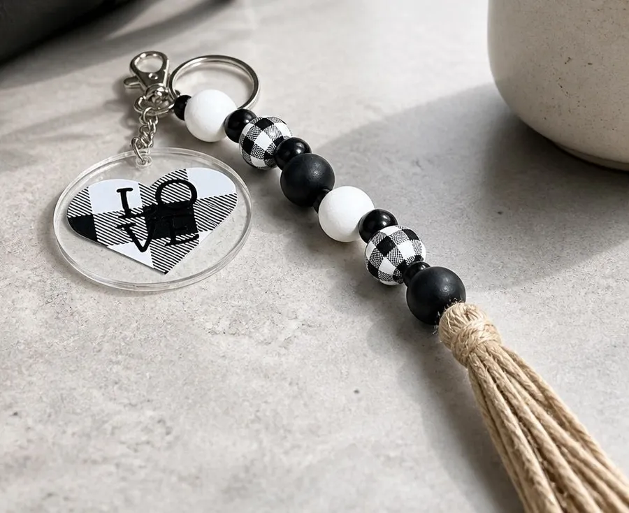 Handmade Black and White Buffalo Plaid Love Beaded Keychain with Tassel