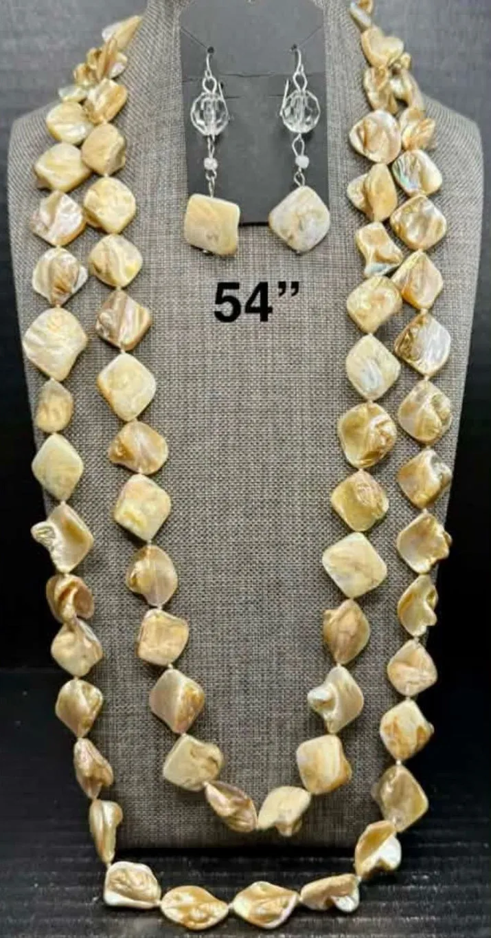 Long Iridescent Cream Shell Bead Necklace with Matching Earrings White