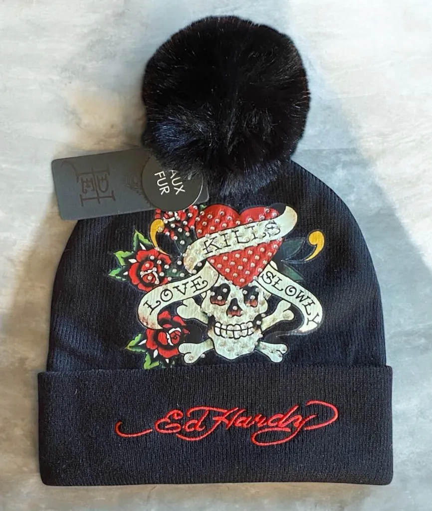 π Ed Hardy Beanie Y2K Black Cuff Cap Hat Brand New faux fur pom