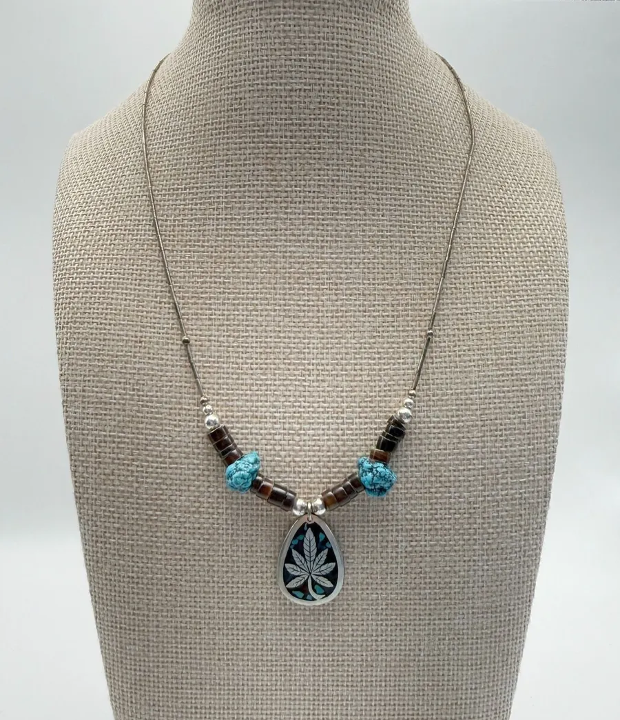 Silver Turquoise Brown Heishi Bead Marijuana Leaf Pendant Necklace
