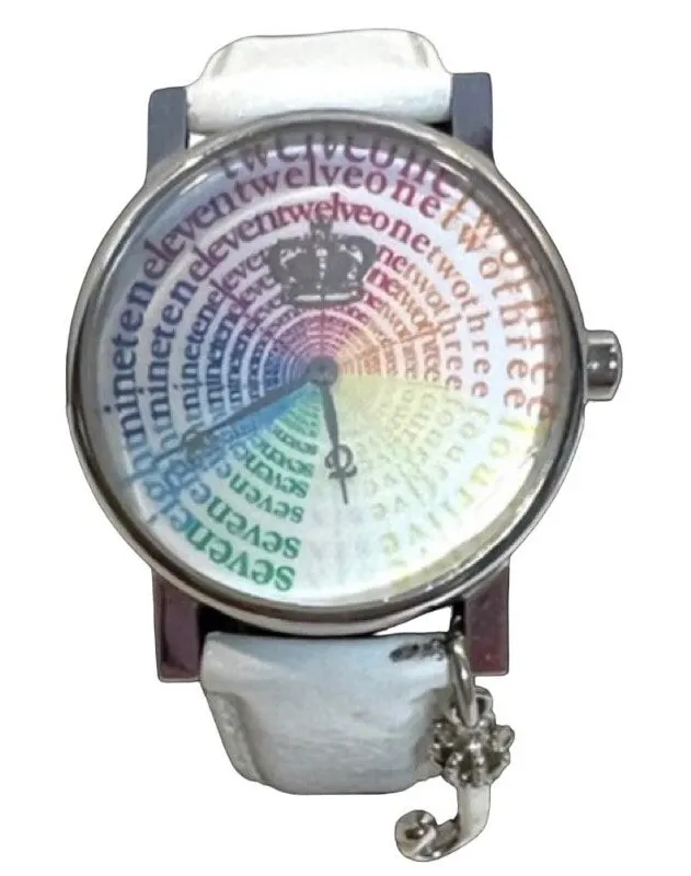 Juicy Couture Watch Rainbow Number Face Silver J Charm White Leather Strap
