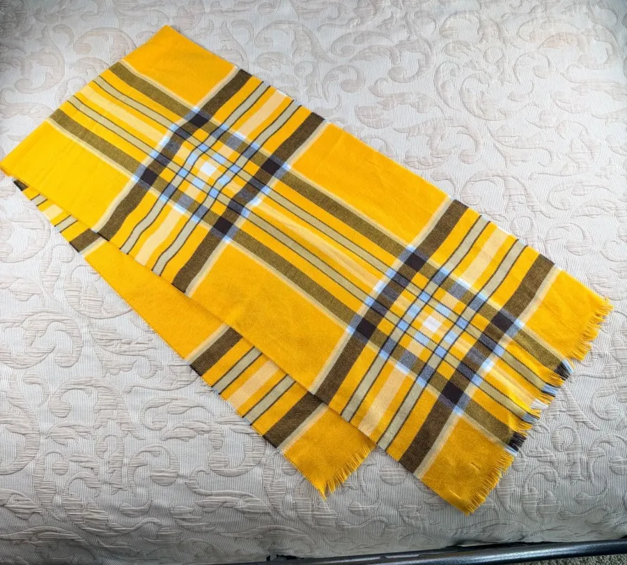 Lands' End Yellow Plaid Fringed Scarf Woven Winter Wrap Brown Blue White Classic