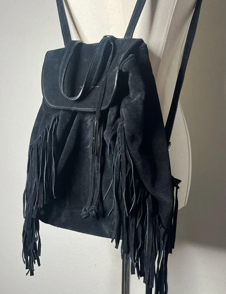 D2 DSQUARED Black Suede Fringe Backpack Western Boho Relaxed Low Hanging