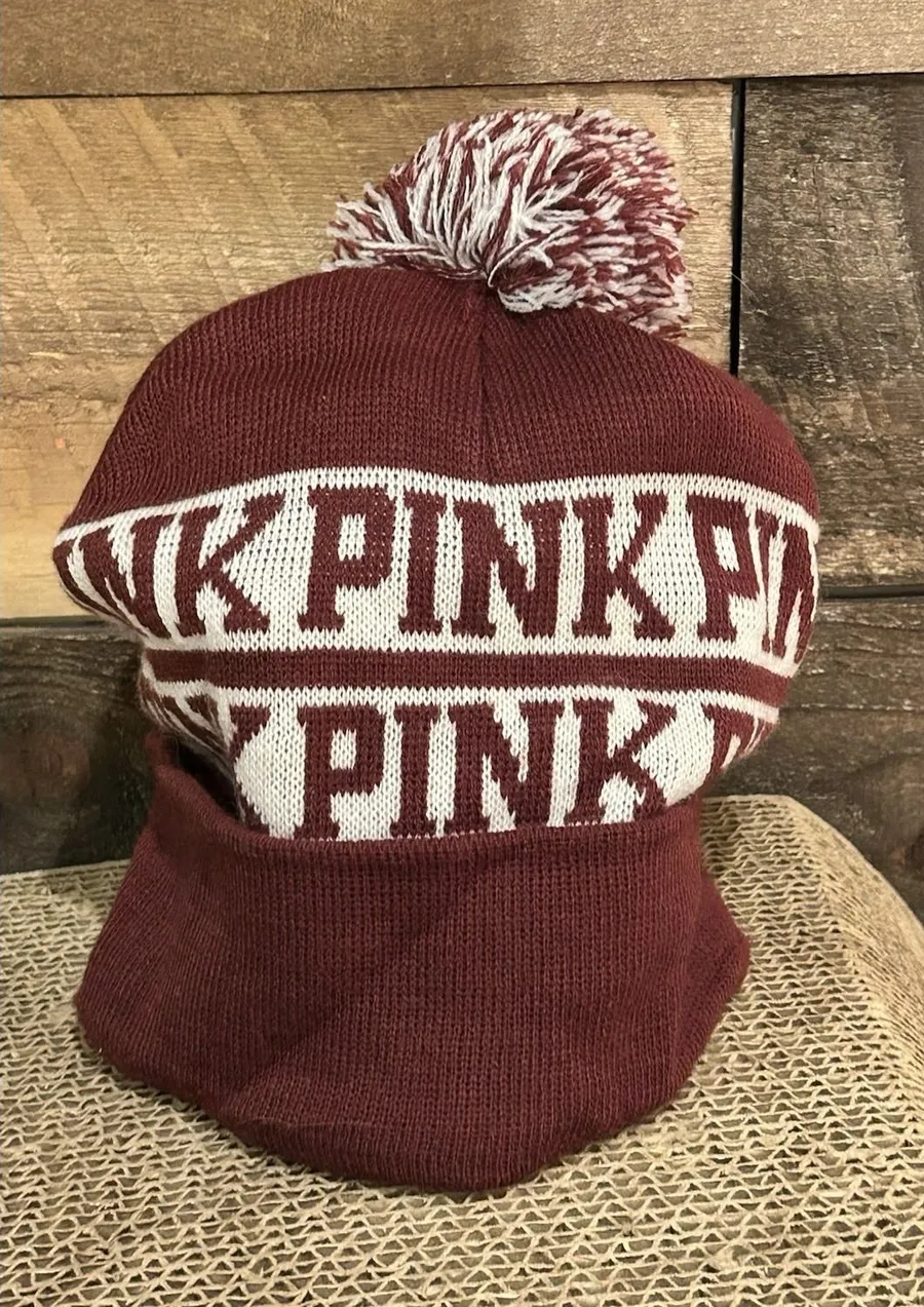 Victoria's Secret Beanie Toque Adult One Size Burgundy White Pom PINK Acrylic