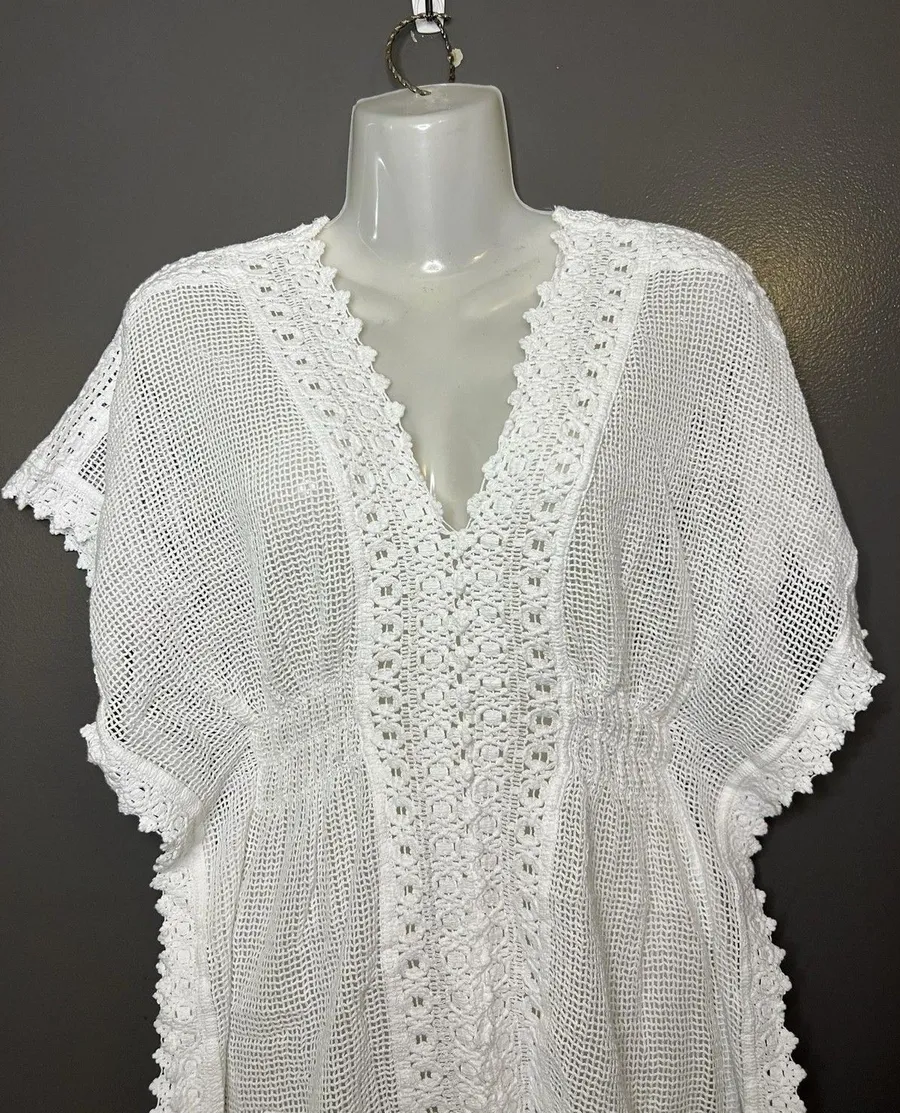 SeaSpice Cover Up Womens Medium White Crochet Mesh Lace Trim Beach Tunic Swim