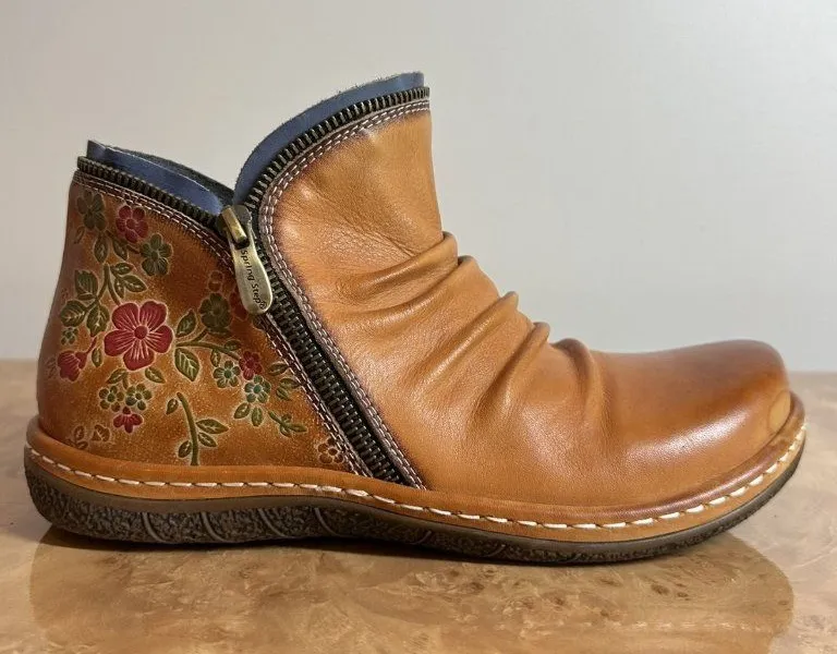 L'Artiste Chesapeake Hand Painted Leather Floral Booties Camel EU 39 US 8.5 Brown