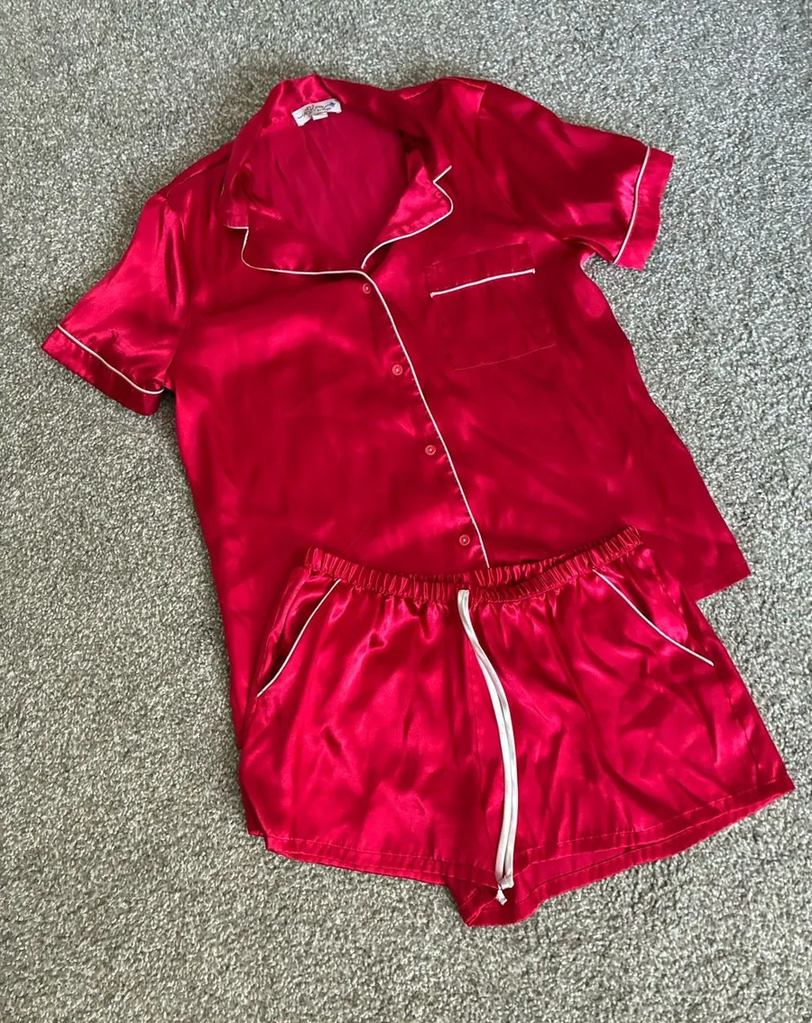 Women's Satin Short Pajama Set in Bright Red with Contrast Piping Size M