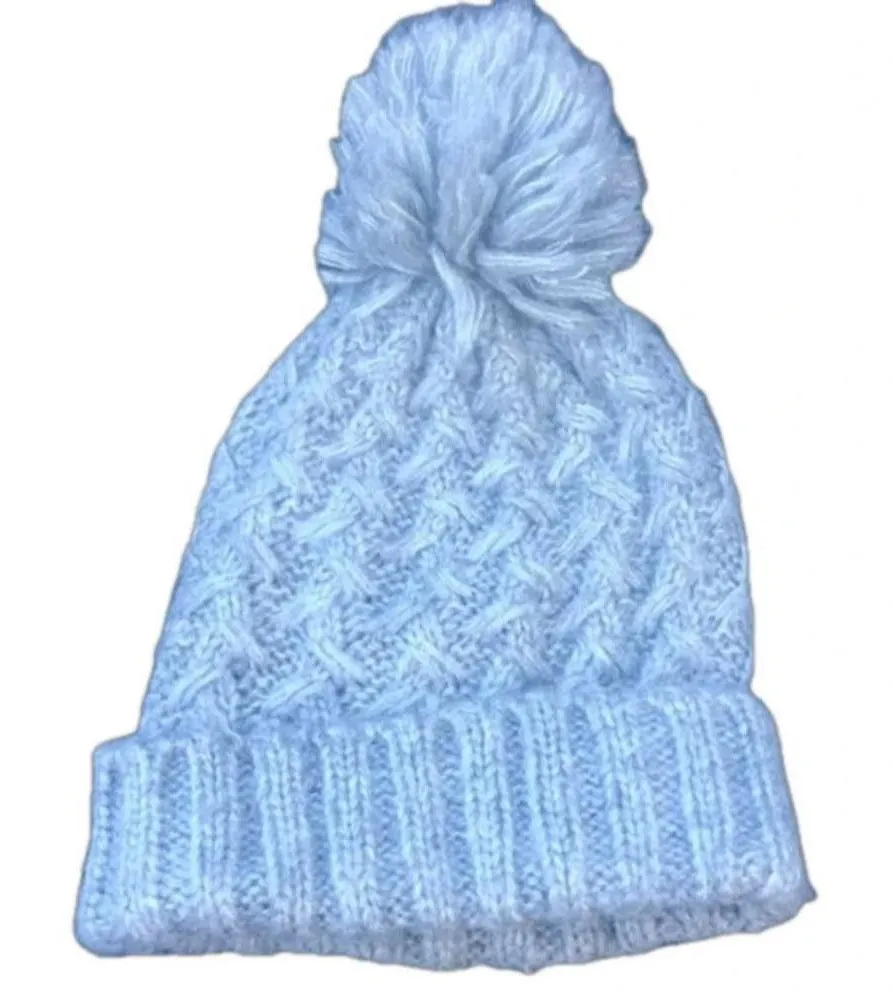 Gray Cable Knit Pom Pom Beanie Winter Ski Hat Cozy Neutral Monochrome gorpcore