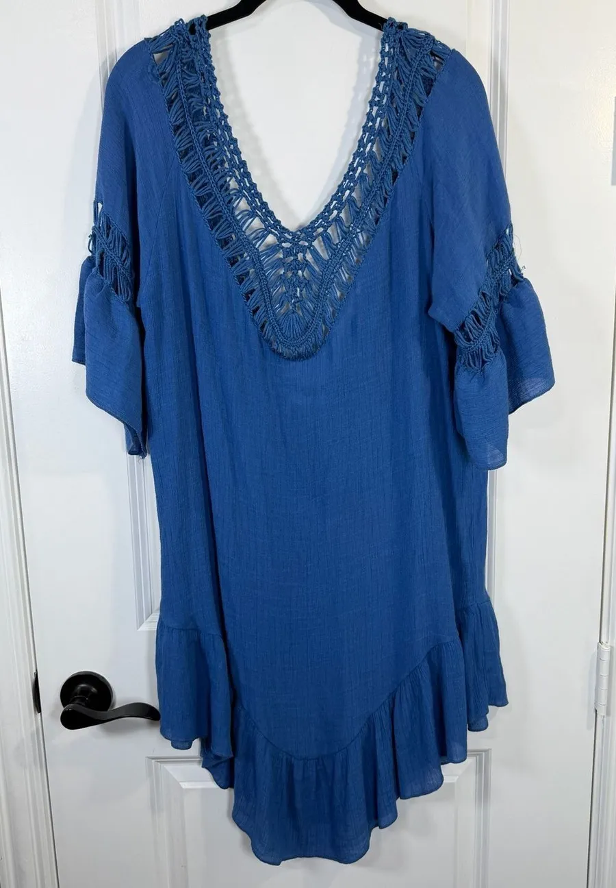 Ekouaer Blue Crochet V-Neck Beach Cover Up Tunic Dress Size M