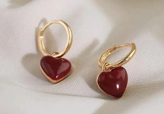 Love heart dangle drop earrings for women Gold