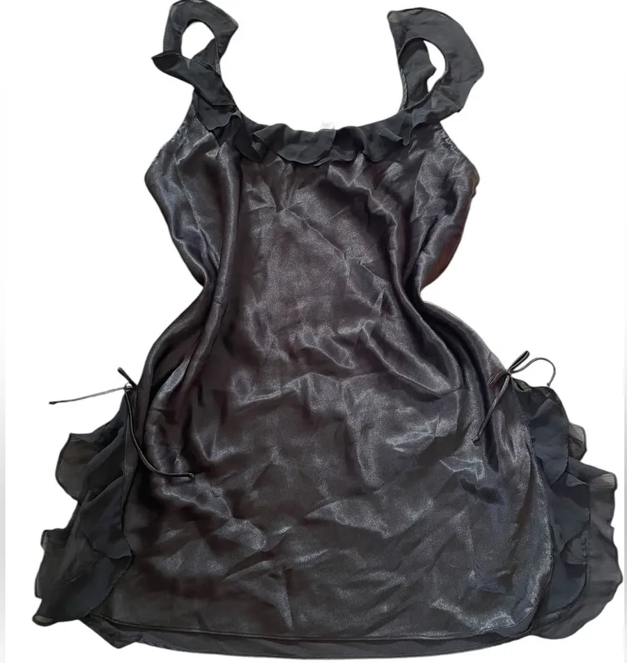 Oscar de la Renta Y2K Black Silky Satin Goth Glam Chiffon Ruffle Mini Slip Dress