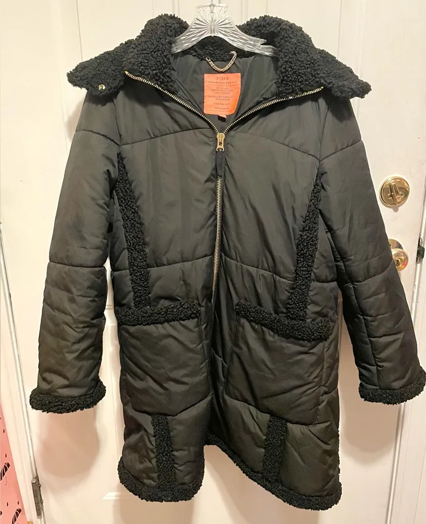 J.Crew black mid length super warm signature puffer coat with Sherpa trim