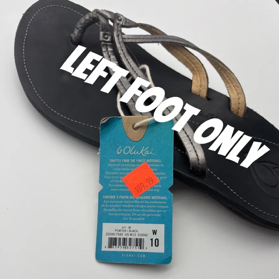 OluKai U'i Leather Sandals Pewter Black Multi Strap Flip Flops W10 *Left Foot Size 10
