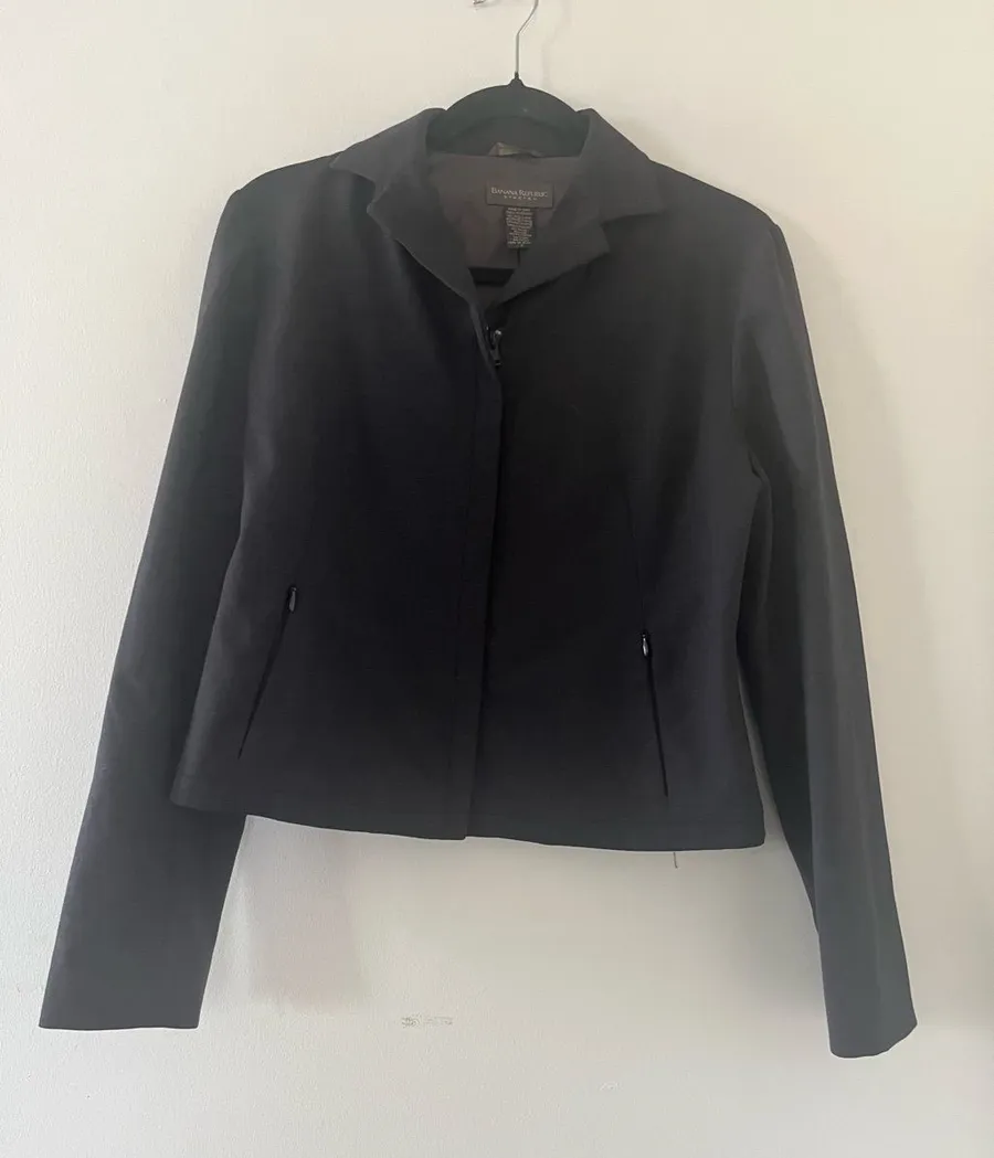 Vintage 90s Banana Republic Gray Wool Zip Up Blazer Jacket Small Career Preppy