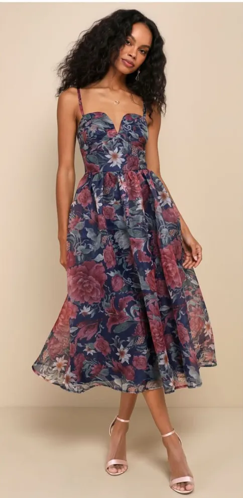 Lulus Cherished Aura Navy Blue Floral Organza Bustier Midi
Dress