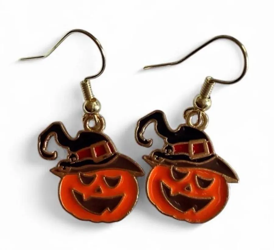 Handmade Witch Hat Pumpkin Enamel Earrings ๐