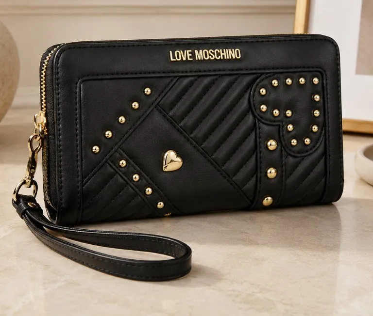 Love Moschino Black Quilted Studded Heart Zip Around Wallet NWT