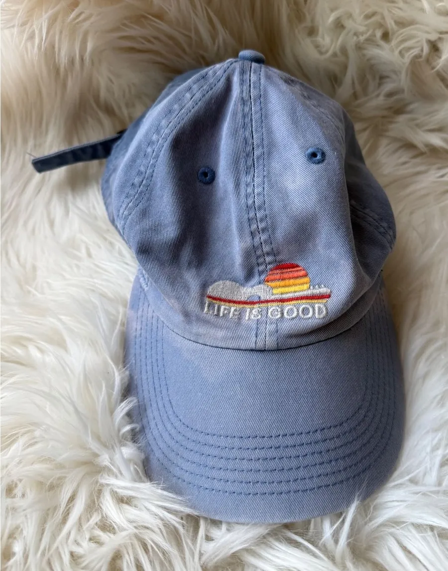 Life is Good Blue Cotton Baseball Cap with Sunset Embroidery
