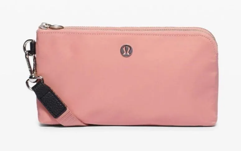 Lululemon Now and Always Pouch Salmon Pink Silver Hardware Removable Wrist Strap
