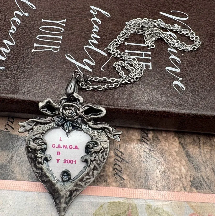 Y2K 2001 Gothic Heart Rose Pendant Brooch Romantic Goth Whimsigoth Necklace Silver