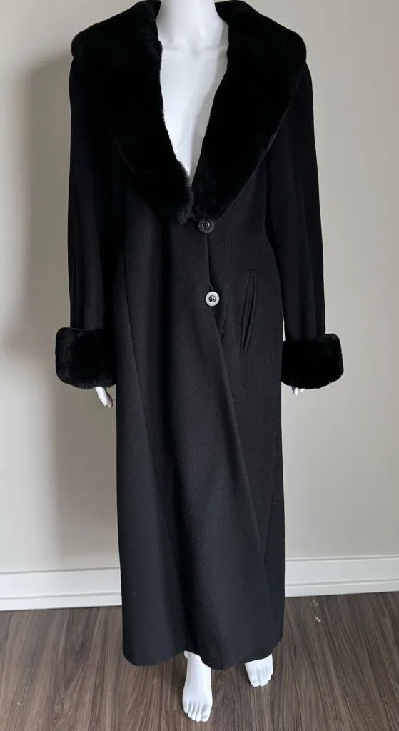 Women’s Outerwear Winter Black Fur Trim Cashmere Wool Long Coat